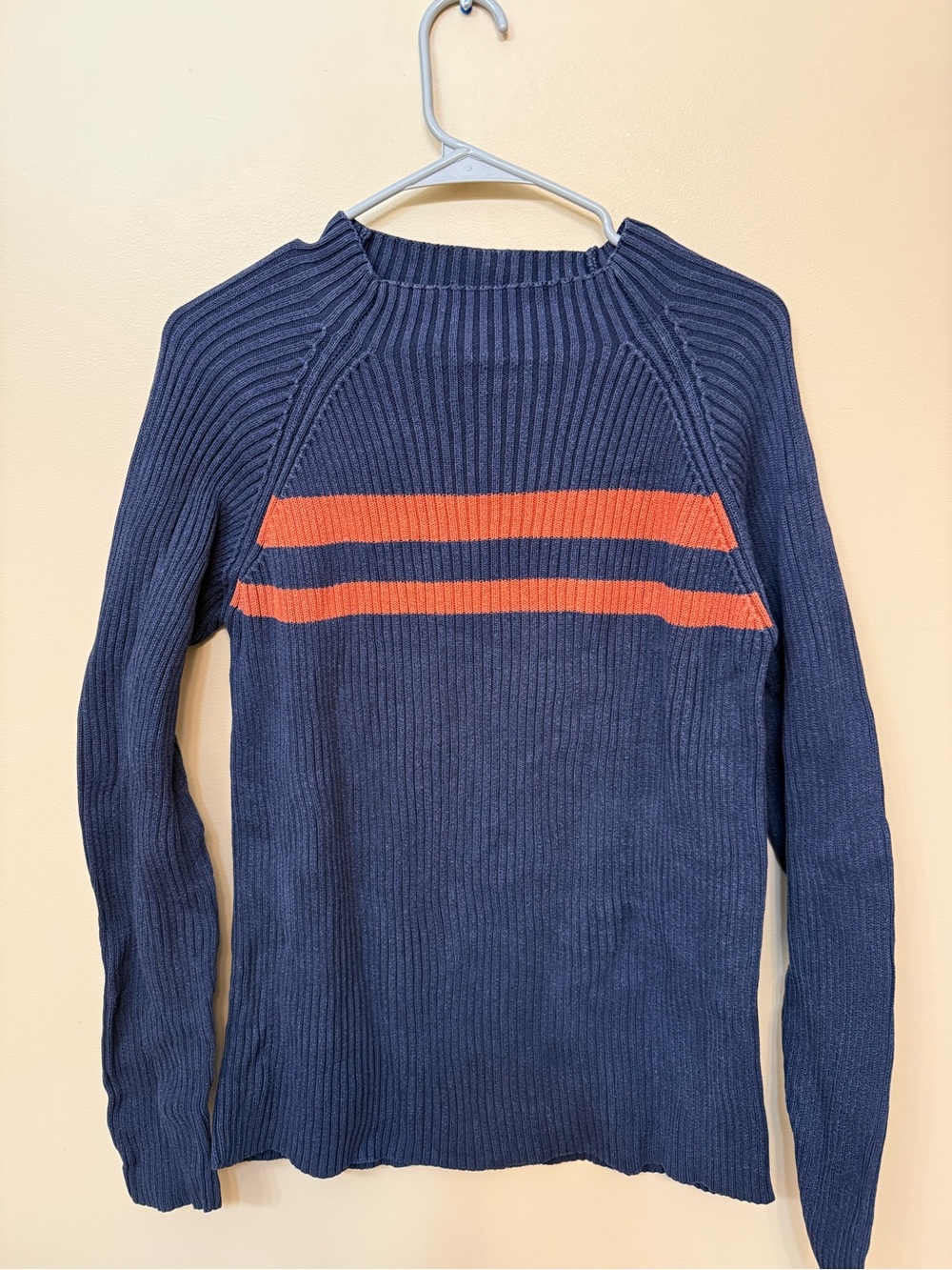 Men's Navy Rib-Knit Crewneck Sweater with Orange Chest Stripes
